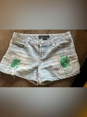 Y2K Baby Phat Light Blue Denim Shorts with Green Sequin Patch! Short shorts